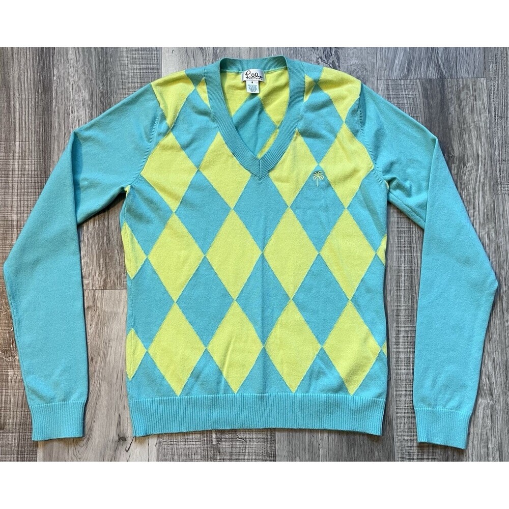 Lilly Pulitzer Argyle Sweater Small Yellow Turquoise Palm Tree Golf Pickleball
